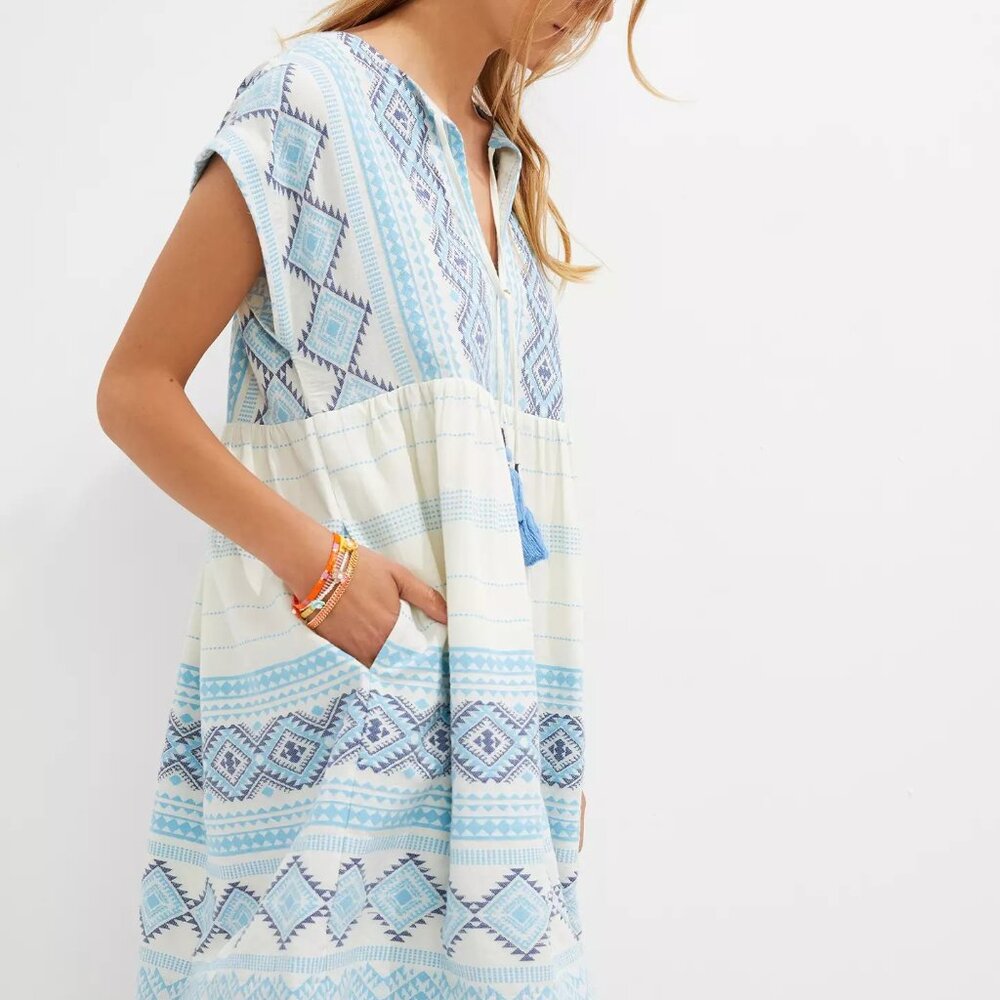 Jacquard Tunic Dress in Blue Geometric Motif by Anthropologie, Size M